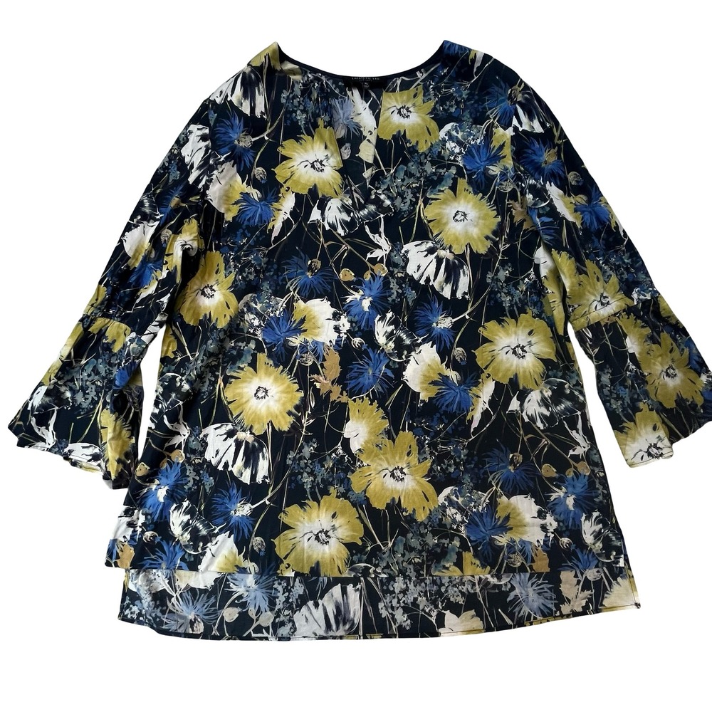 Lafayette 148 Women Blouse Navy Yellow Floral Bell Sleeve V-Neck Boho XL